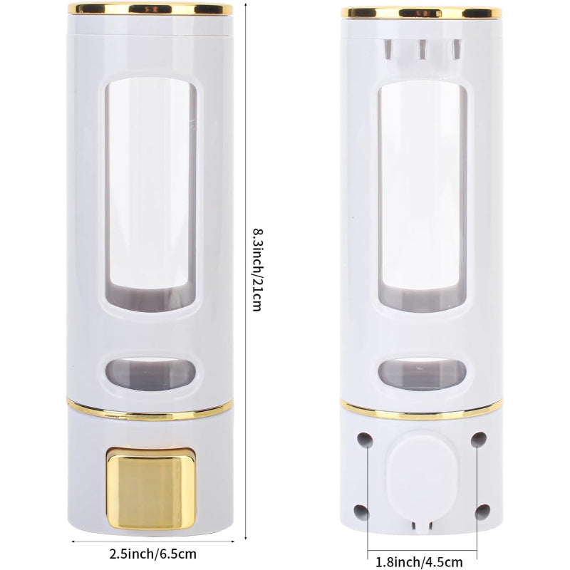 400ml Dispenser in White/Gold for Liquid Soap, Shampoo, Body Wash or Sanitizer | Made in ABS Plastic | Wall Mounted