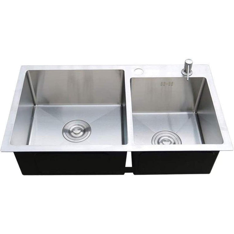 30x16 inches Handmade Kitchen Sink in Stainless Steel 7541 | Double Bowl | Drains + Rinse Basket