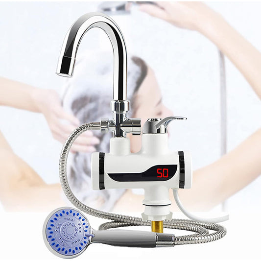 Instant Electric Water Heating Tap + Shower + 1 Meter Pipe | Shock-Proof Design | Digital Temp° Display | Hot and Cold Water