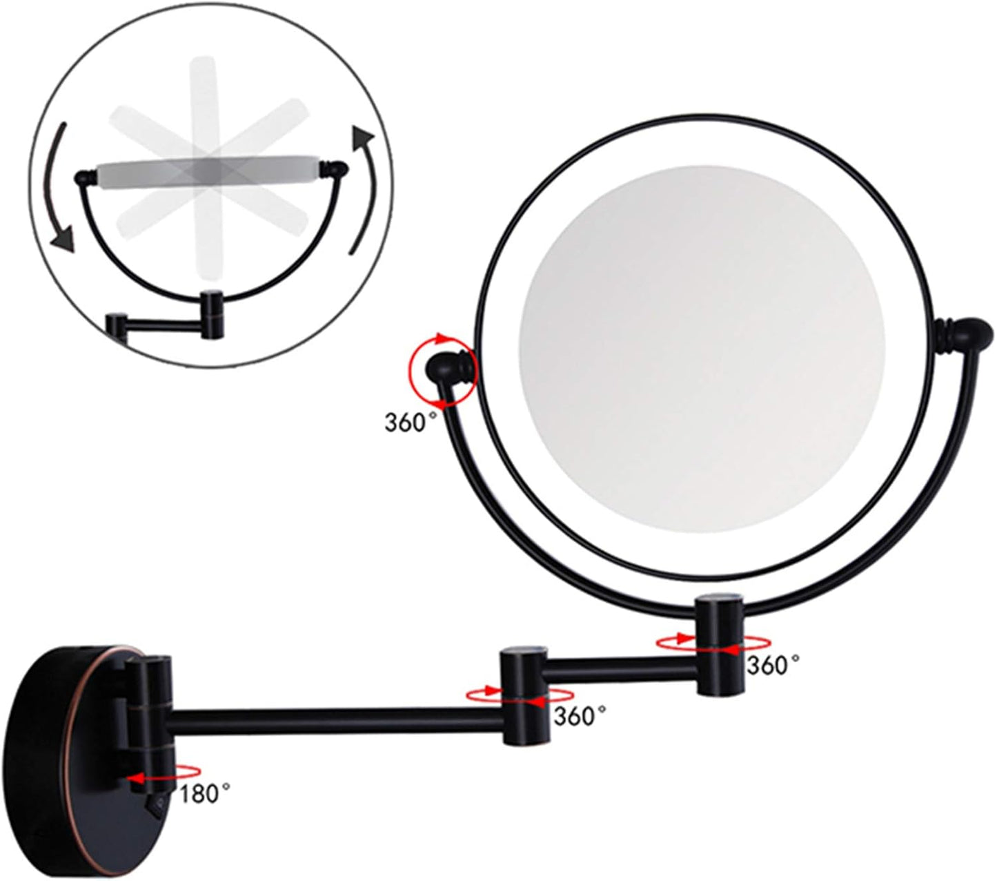 8" inches LED Makeup Mirror 360° Moveable for Dressers, Bathrooms | Magnifying + Normal Dual Mirror | Wall-Mounted