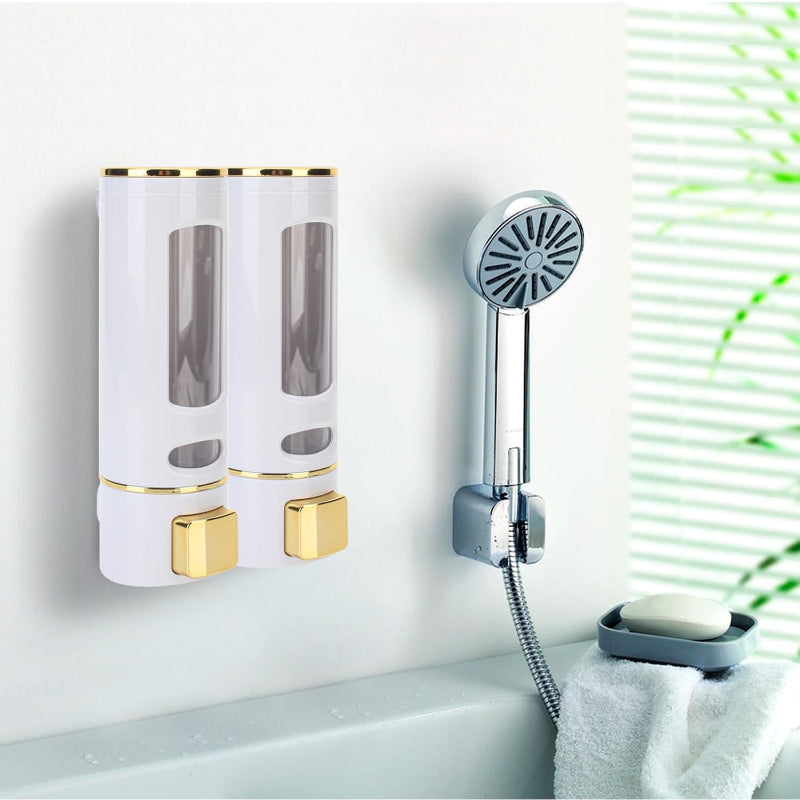 400ml Dispenser in White/Gold for Liquid Soap, Shampoo, Body Wash or Sanitizer | Made in ABS Plastic | Wall Mounted