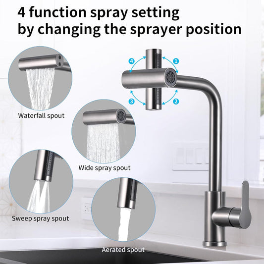 4 in 1 Waterfall 11" inches Kitchen Faucet in Gun Metal | Stainless Steel Body with ABS Plastic Sprayer | Hot and Cold Mixer | 360° Moveable