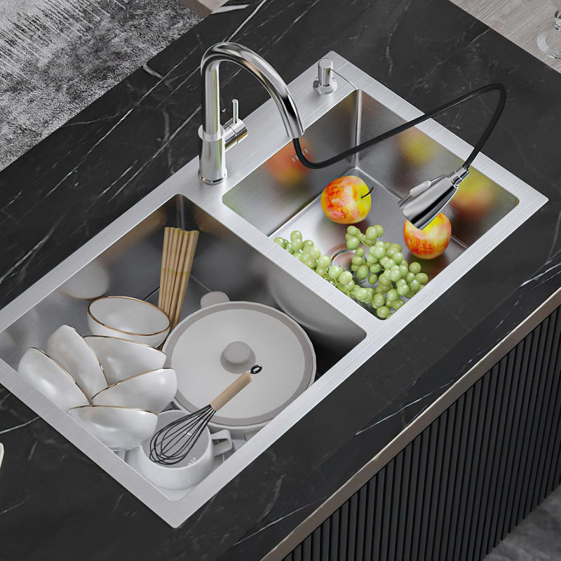 30x16 inches Handmade Kitchen Sink in Stainless Steel 7541 | Double Bowl | Drains + Rinse Basket