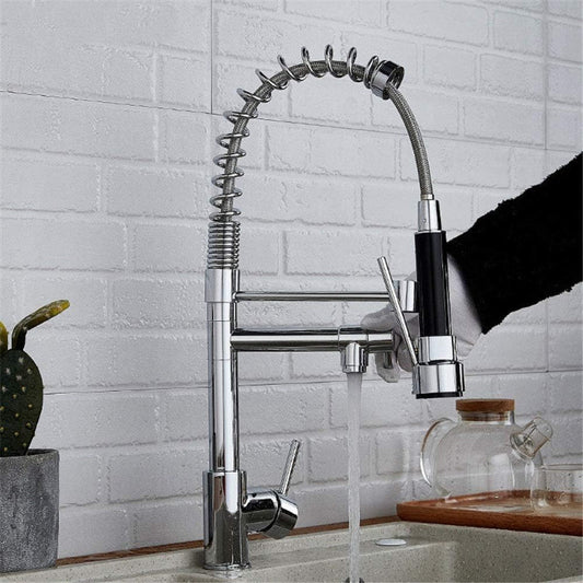 Premium 15" inches Spring Kitchen Faucet in Shiny Chrome Stainless Steel | Hot and Cold Mixer | 360° Moveable