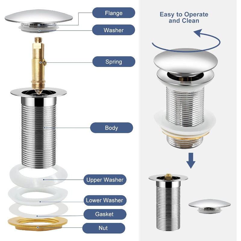 Basin Pop Up Waste 1.25" inch Stainless Steel Chrome, Black, Golden | 4"inches Length