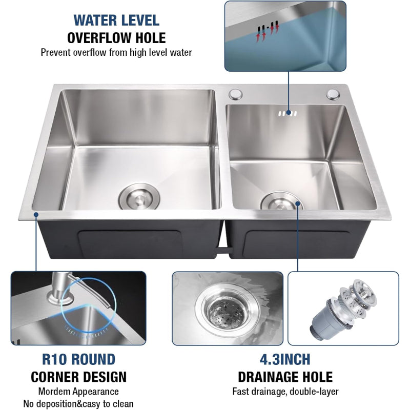 30x16 inches Handmade Kitchen Sink in Stainless Steel 7541 | Double Bowl | Drains + Rinse Basket