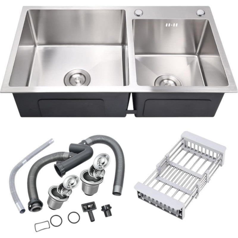 30x16 inches Handmade Kitchen Sink in Stainless Steel 7541 | Double Bowl | Drains + Rinse Basket
