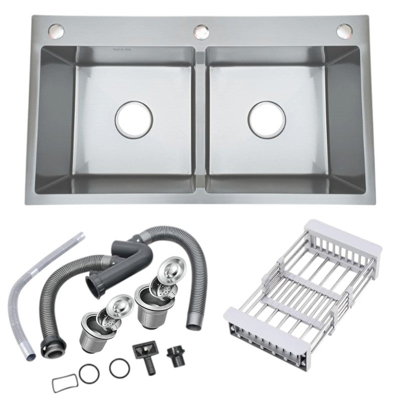 32x18 inches Handmade Kitchen Sink in Stainless Steel 8245 | Double Bowl | Drains + Rinse Basket