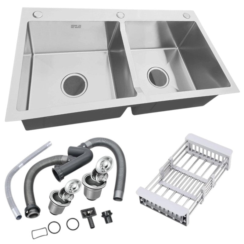 31x17 inches Handmade Kitchen Sink in Stainless Steel 7843 | Double Bowl | Drains + Rinse Basket