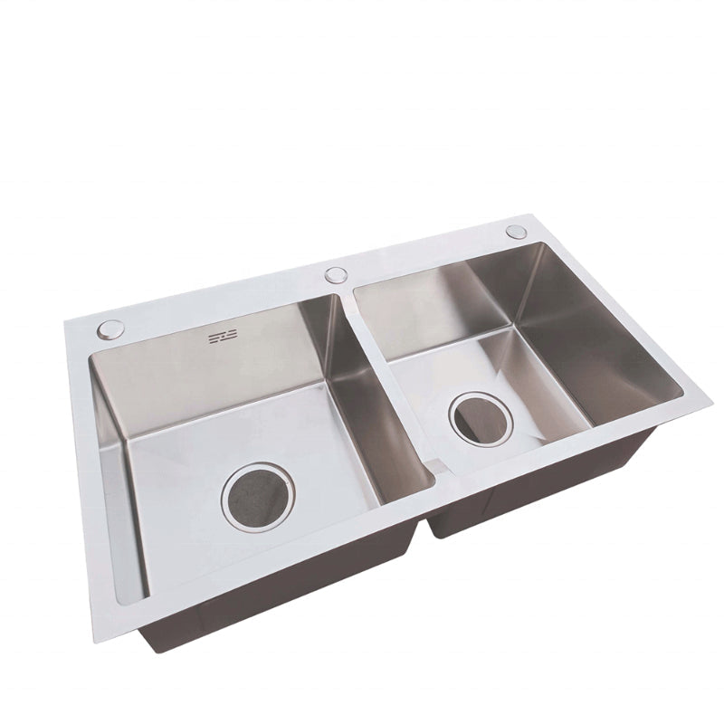 32x18 inches Handmade Kitchen Sink in Stainless Steel 8245 | Double Bowl | Drains + Rinse Basket