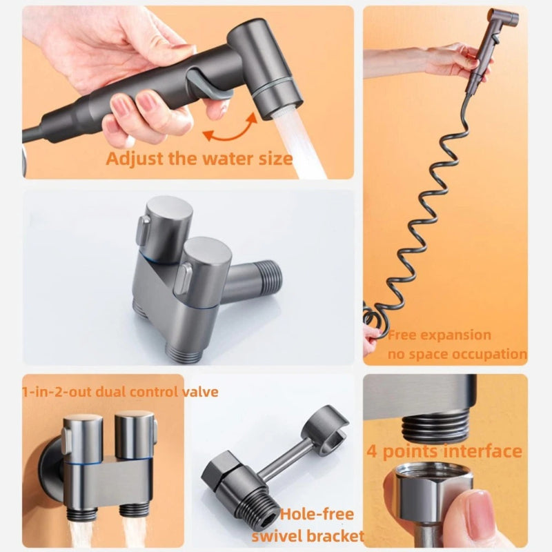 2 in 1 Double Heavy T-Cock Stainless Steel with Toilet Shower Set in ABS Plastic | Black, Chrome & Gun Grey