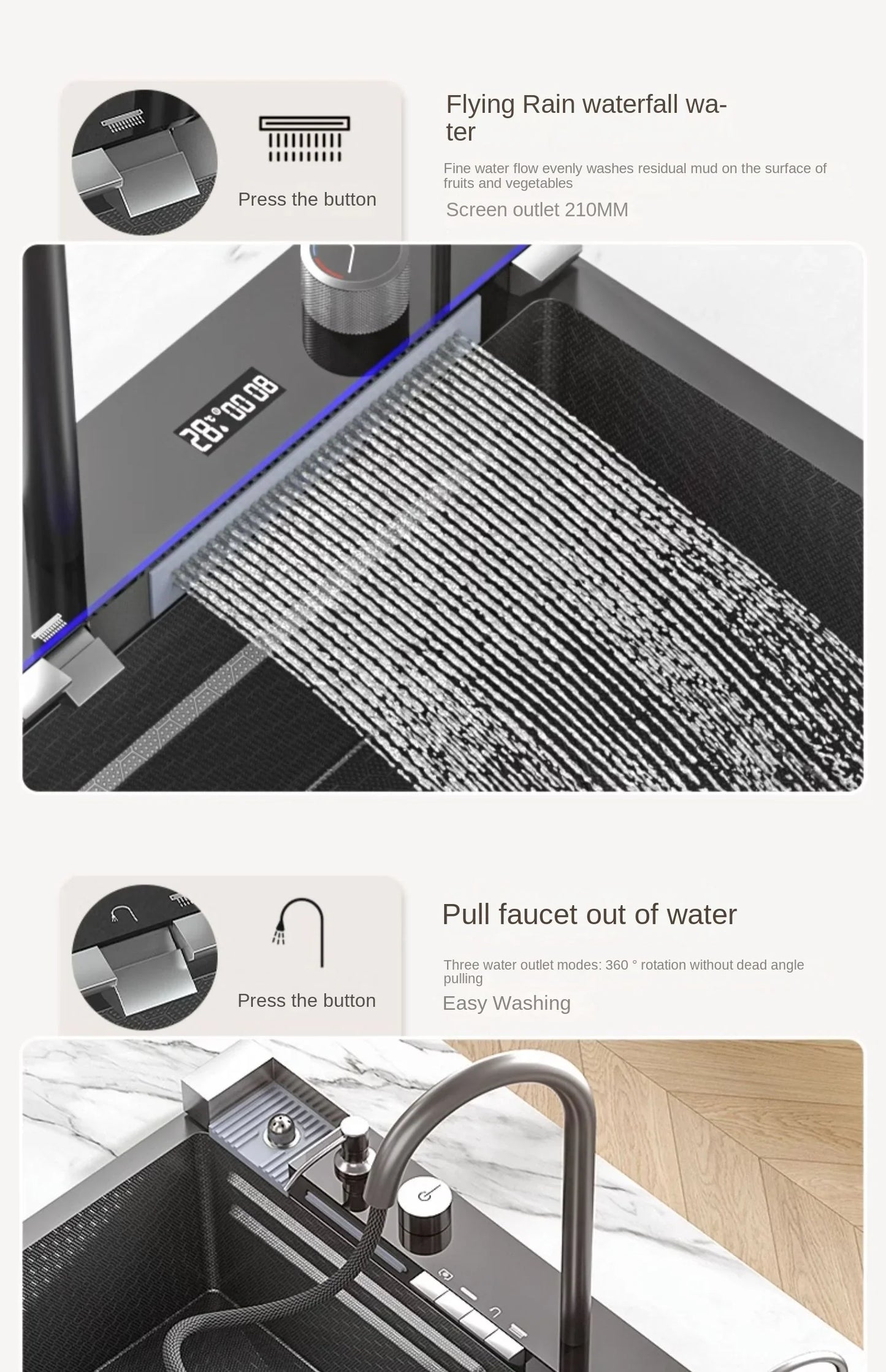 30x18 inch Multifunction Kitchen Sink in Stainless Steel with LED Panel | Scratch Proof Honeycomb Design