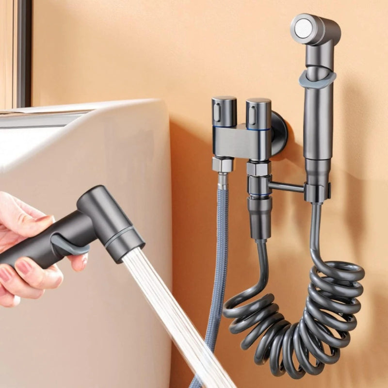 2 in 1 Double Heavy T-Cock Stainless Steel with Toilet Shower Set in ABS Plastic | Black, Chrome & Gun Grey