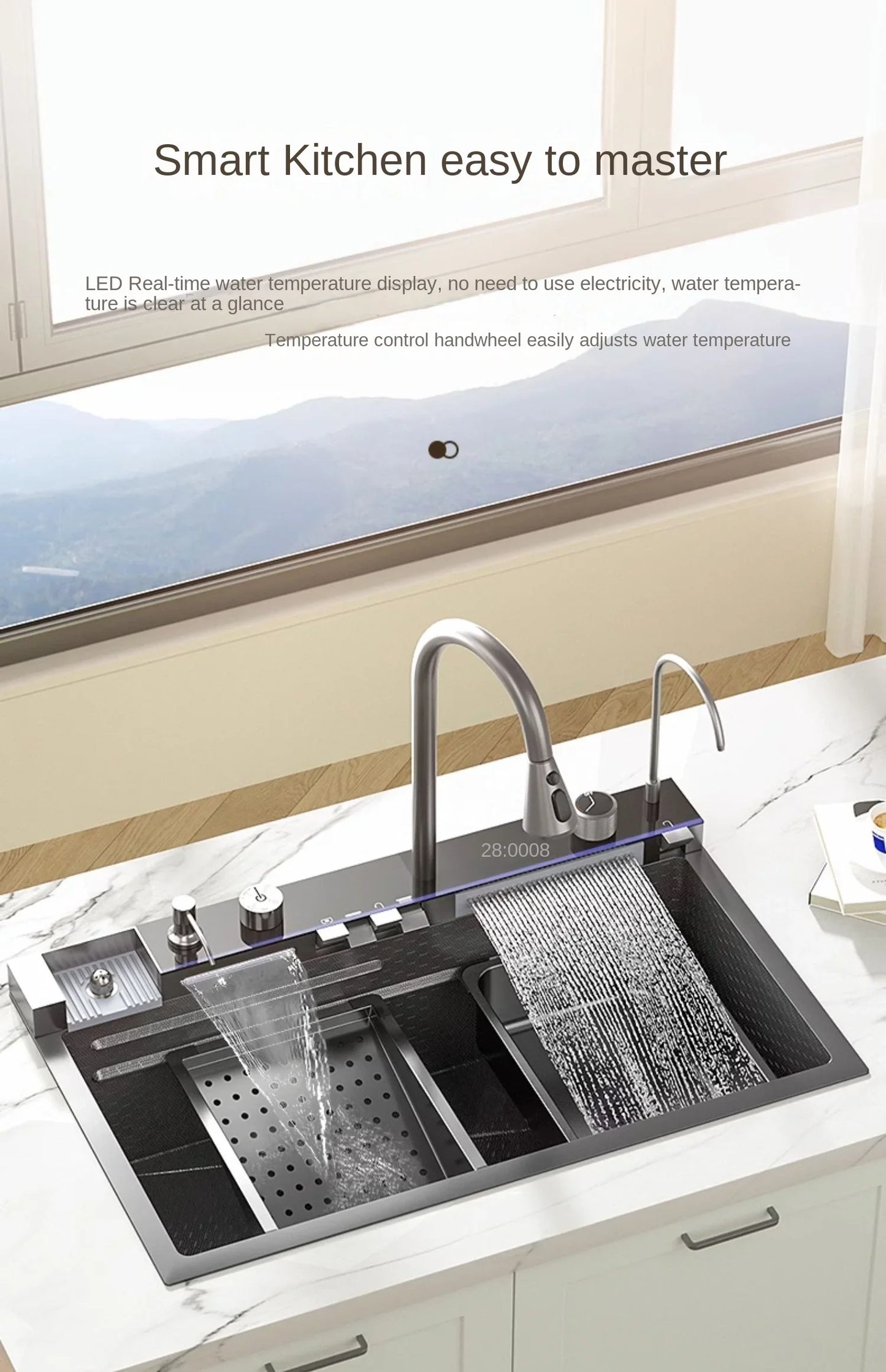 30x18 inch Multifunction Kitchen Sink in Stainless Steel with LED Panel | Scratch Proof Honeycomb Design
