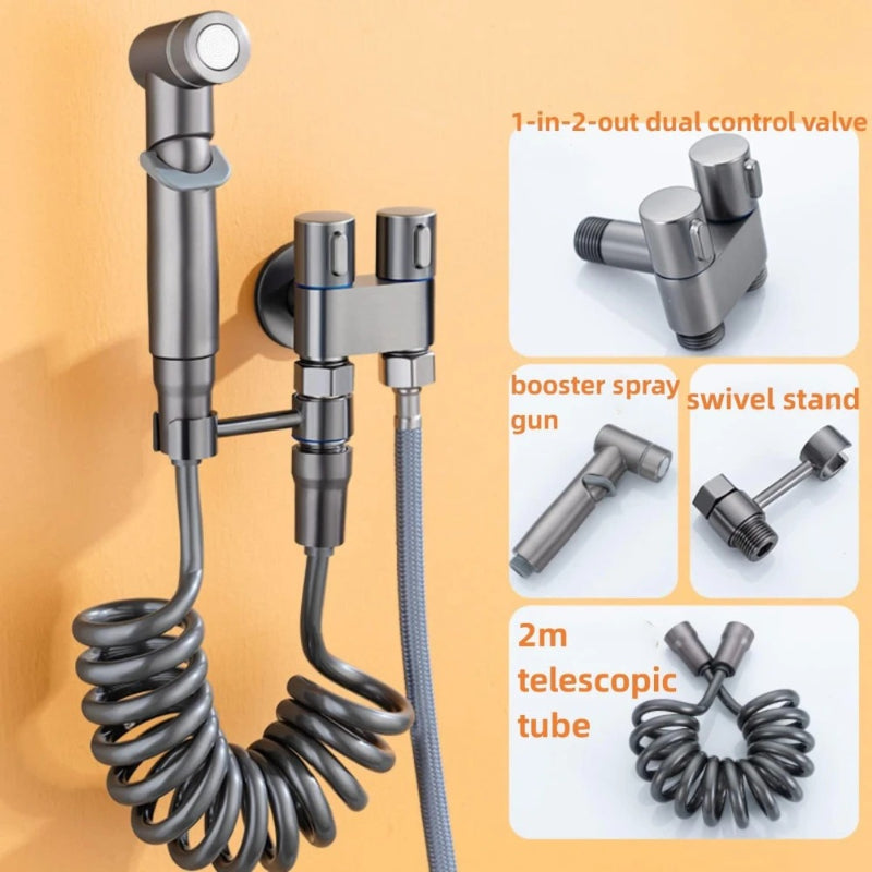 2 in 1 Double Heavy T-Cock Stainless Steel with Toilet Shower Set in ABS Plastic | Black, Chrome & Gun Grey