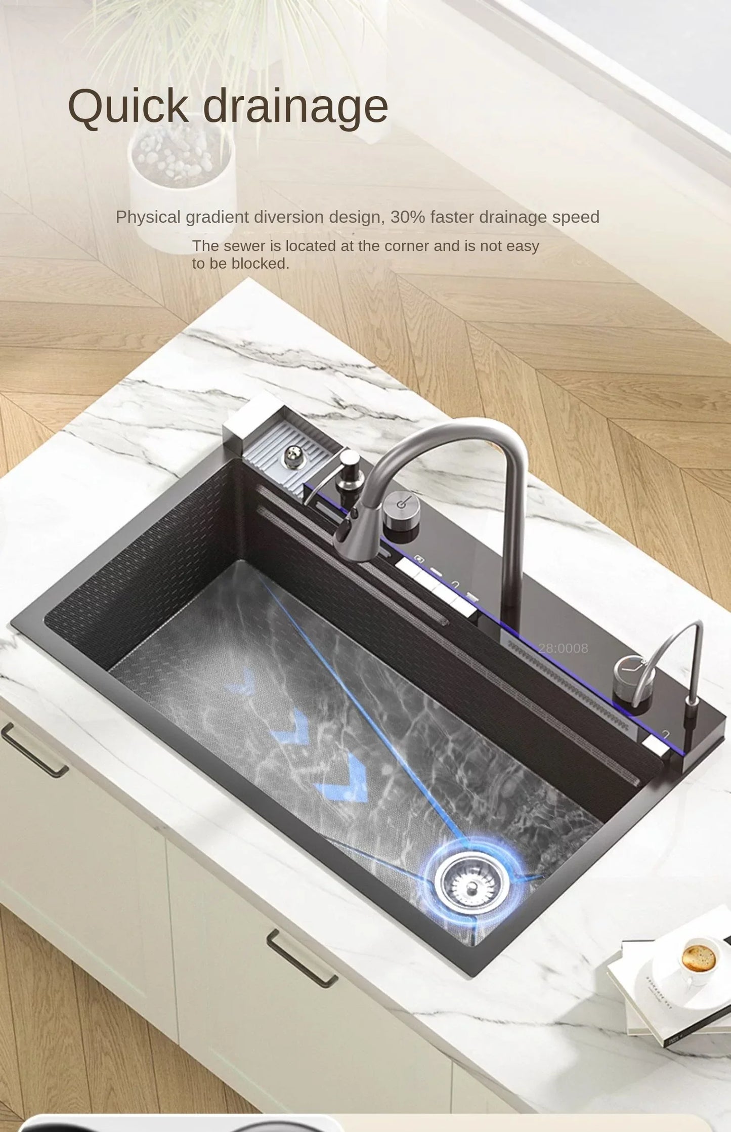 30x18 inch Multifunction Kitchen Sink in Stainless Steel with LED Panel | Scratch Proof Honeycomb Design