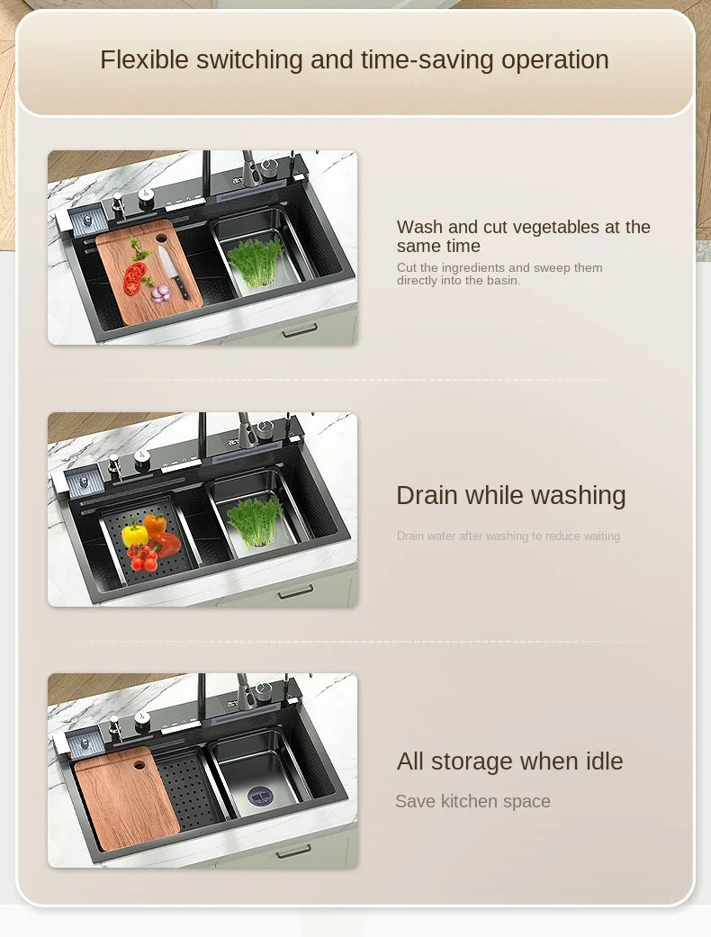 30x18 inch Multifunction Kitchen Sink in Stainless Steel with LED Panel | Scratch Proof Honeycomb Design