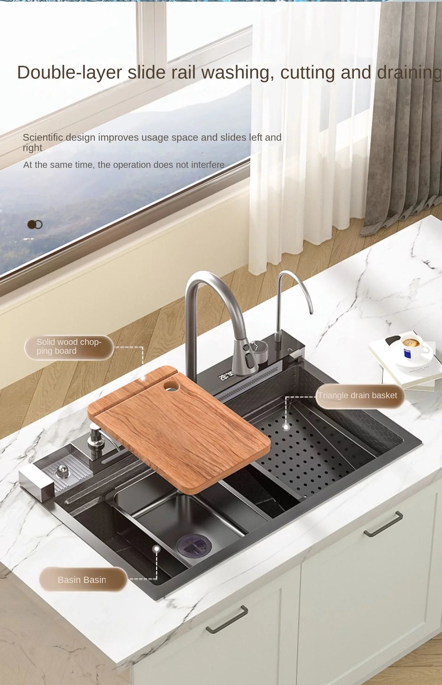 30x18 inch Multifunction Kitchen Sink in Stainless Steel with LED Panel | Scratch Proof Honeycomb Design