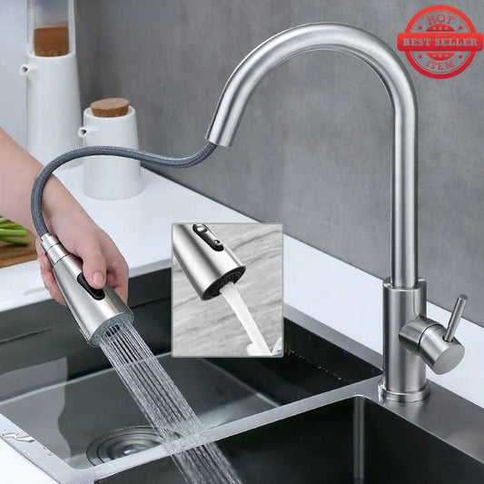 Premium 15" inches Pull Out Kitchen Mixer in Stainless Steel Shiny Chrome | Shower and Bubble Modes | Hot and Cold | 360° Moveable