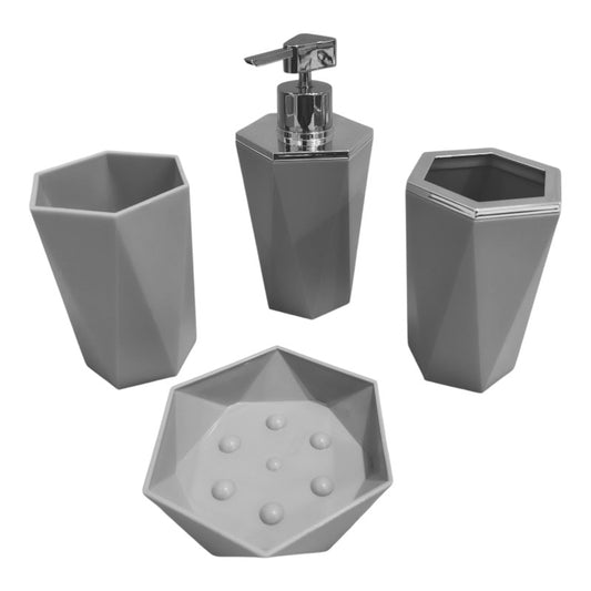4pcs Bathroom Accessories Grey | Dispenser + Brush Holder + Soap Dish + Rinse Cup
