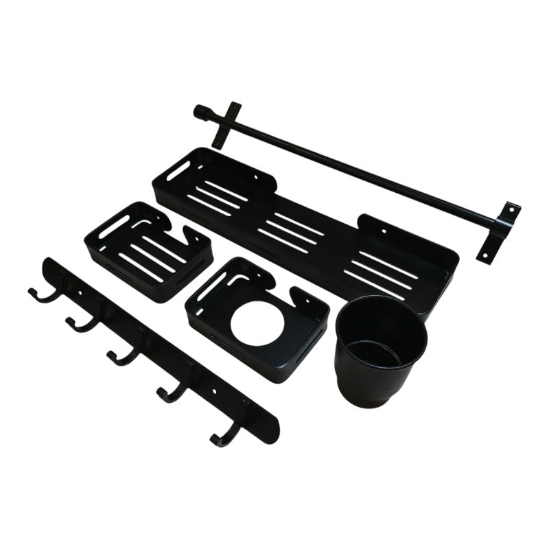 5pcs Aluminium Accessories Set Matt Black | Shelf + Soap Dish + Brush Holder + Towel Rod + Wall Hanger