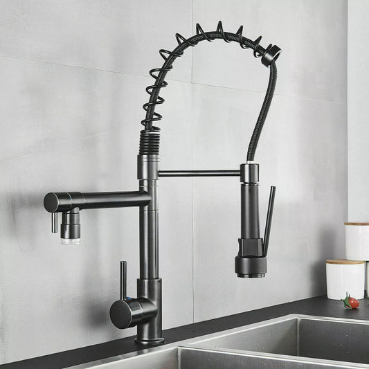 Premium 15" inches Pull Out Kitchen Faucet in All Black Stainless Steel | Hot and Cold Mixer | 360° Moveable