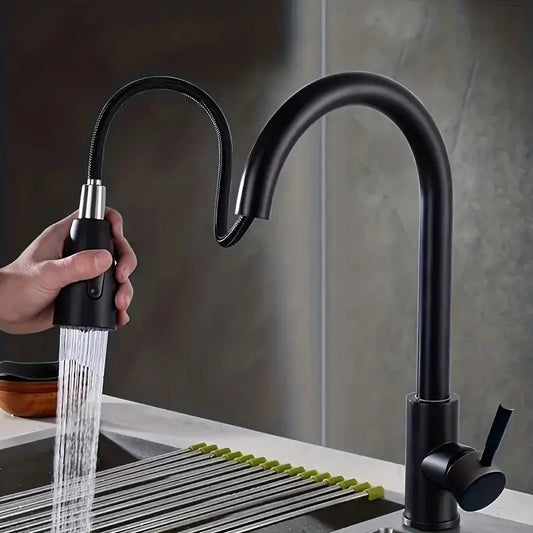 Premium 15" inches Pull Out Kitchen Faucet in Stainless Steel All Black | Shower and Bubble Modes | Hot and Cold Mixer | Splash Proof | 360° Moveable
