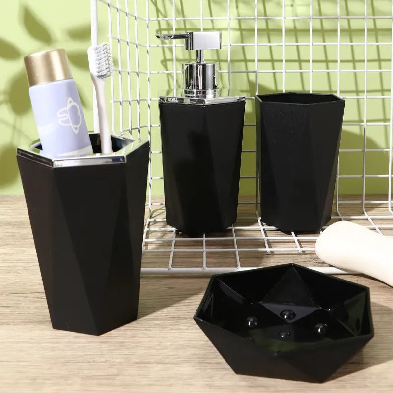 4pcs Bathroom Accessories Matt Black | Dispenser + Brush Holder + Soap Dish + Rinse Cup
