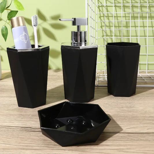 4pcs Bathroom Accessories Matt Black | Dispenser + Brush Holder + Soap Dish + Rinse Cup