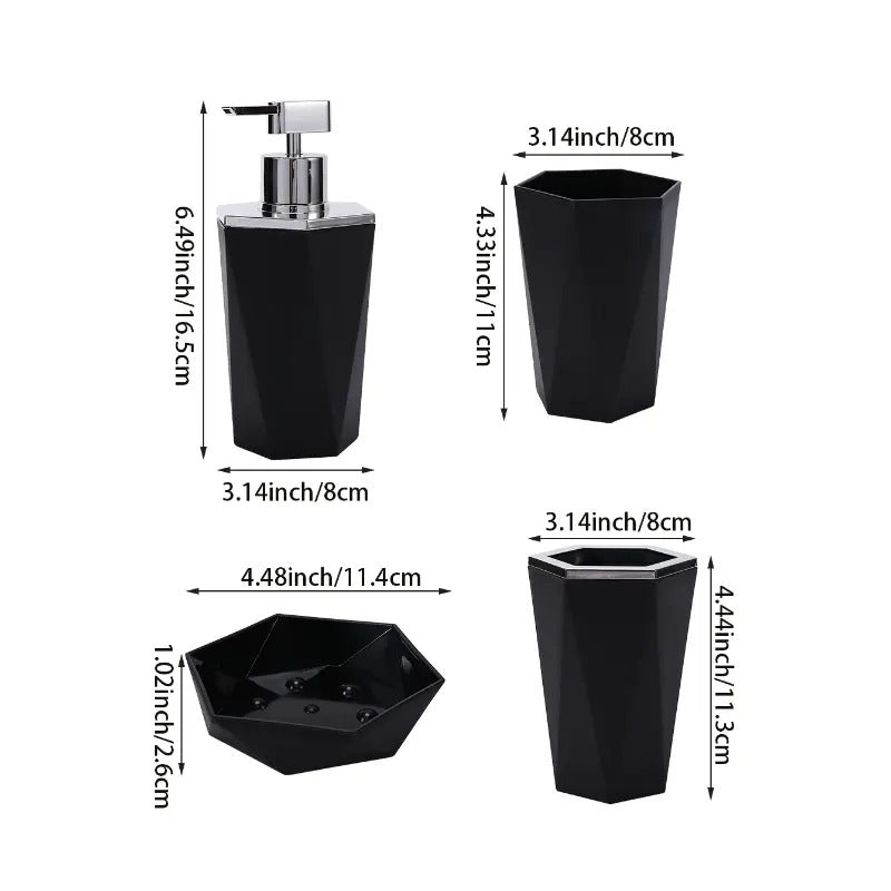 4pcs Bathroom Accessories Matt Black | Dispenser + Brush Holder + Soap Dish + Rinse Cup