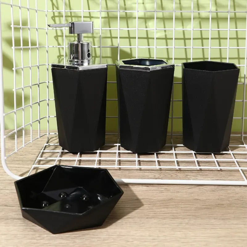 4pcs Bathroom Accessories Matt Black | Dispenser + Brush Holder + Soap Dish + Rinse Cup