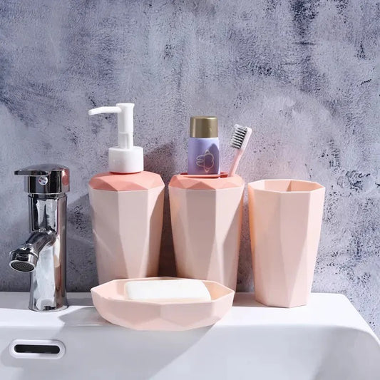 4pcs PVC Bathroom Accessories Set Light Pink  | Dispenser + Brush Holder + Soap Dish + Rinse Cup