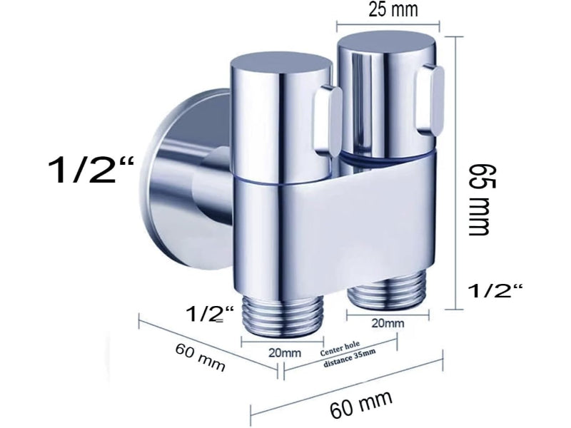 1 in 2 Out T-Cock Valve G1/2" inch Connection in Stainless Steel with Independent Outlet Control for Bathrooms or Wash Areas