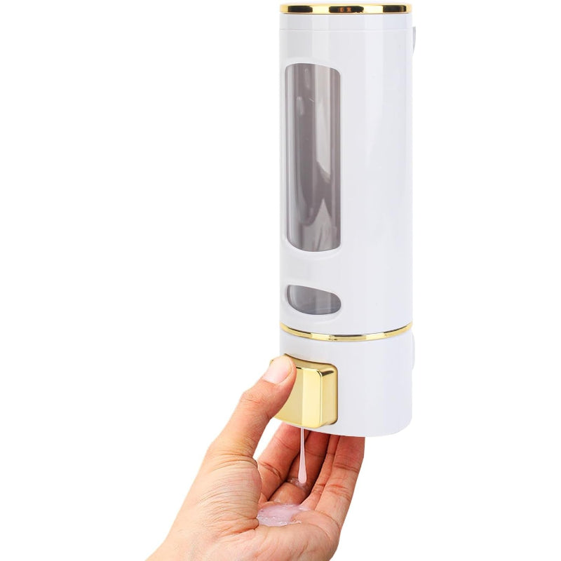 400ml Dispenser in White/Gold for Liquid Soap, Shampoo, Body Wash or Sanitizer | Made in ABS Plastic | Wall Mounted