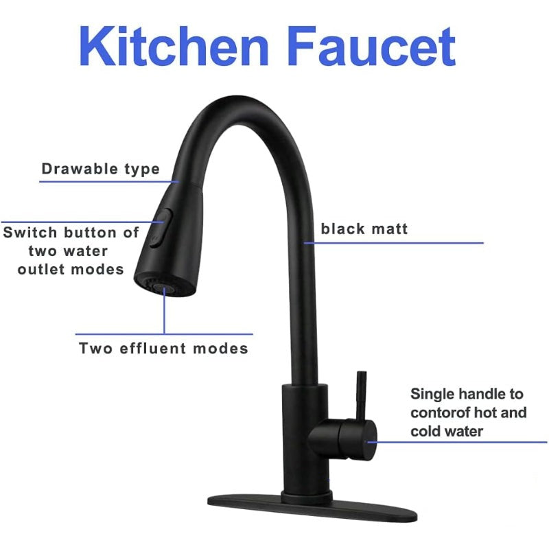 Premium 15" inches Pull Out Kitchen Faucet in Stainless Steel  All Black | Shower and Bubble Modes | Hot and Cold Mixer | Splash Proof | 360° Moveable