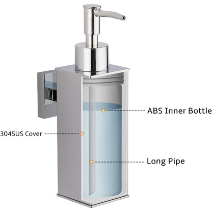 350ml Dispenser for Liquid Soap, Shampoo, Body Wash or Sanitizer | Made in Heavy Duty Stainless Steel | Plastic Container Inside | Wall Mounted