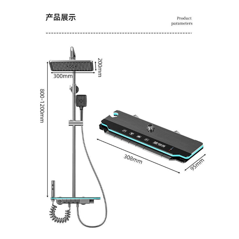Led Piano Button Complete Bathroom Set in Stainless Steel with Basin Mixer in Mettalic Grey | Shows Shower Time and Water Temprature