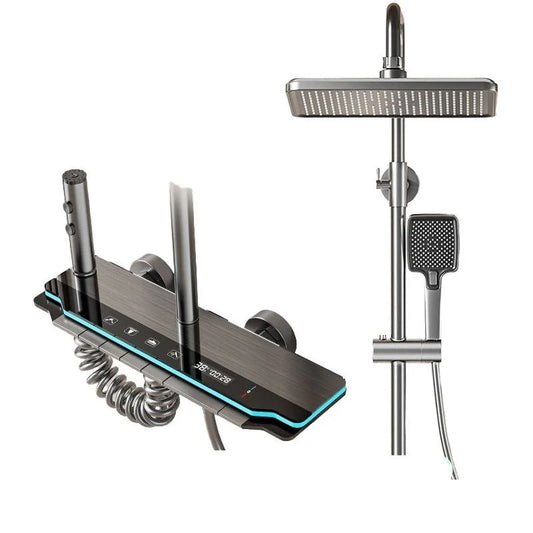 Led Piano Button Complete Bathroom Set in Stainless Steel with Basin Mixer in Mettalic Grey | Shows Shower Time and Water Temprature