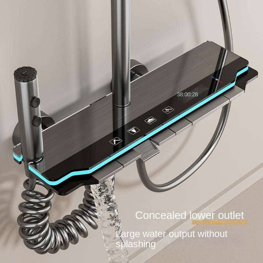 Led Piano Button Complete Bathroom Set in Stainless Steel with Basin Mixer in Mettalic Grey | Shows Shower Time and Water Temprature