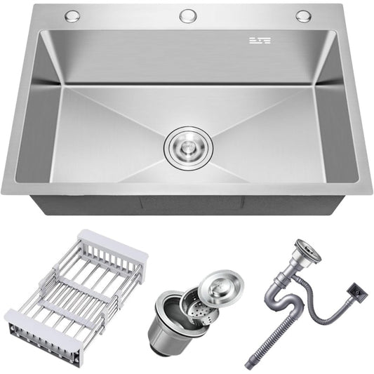 22x18 inches Handmade Kitchen Sink in Stainless Steel 5545 | Single Bowl | Drain + Rinse Basket