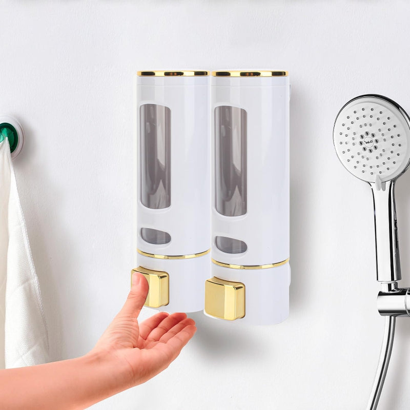 400ml Dispenser in White/Gold for Liquid Soap, Shampoo, Body Wash or Sanitizer | Made in ABS Plastic | Wall Mounted