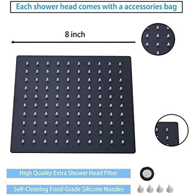 6" to 12" inches Slim Rainfall Shower in Stainless Steel Matt Black | High Pressure | Silicon Nozzles