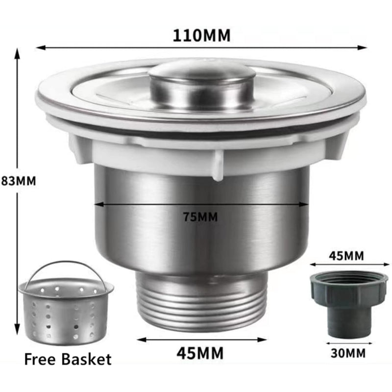 Kitchen Sink Drain 3.5" inches  Inlet Size with Removable Strainer Basket in Stainless Steel