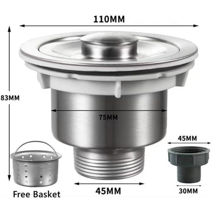 Kitchen Sink Drain 3.5" inches  Inlet Size with Removable Strainer Basket in Stainless Steel