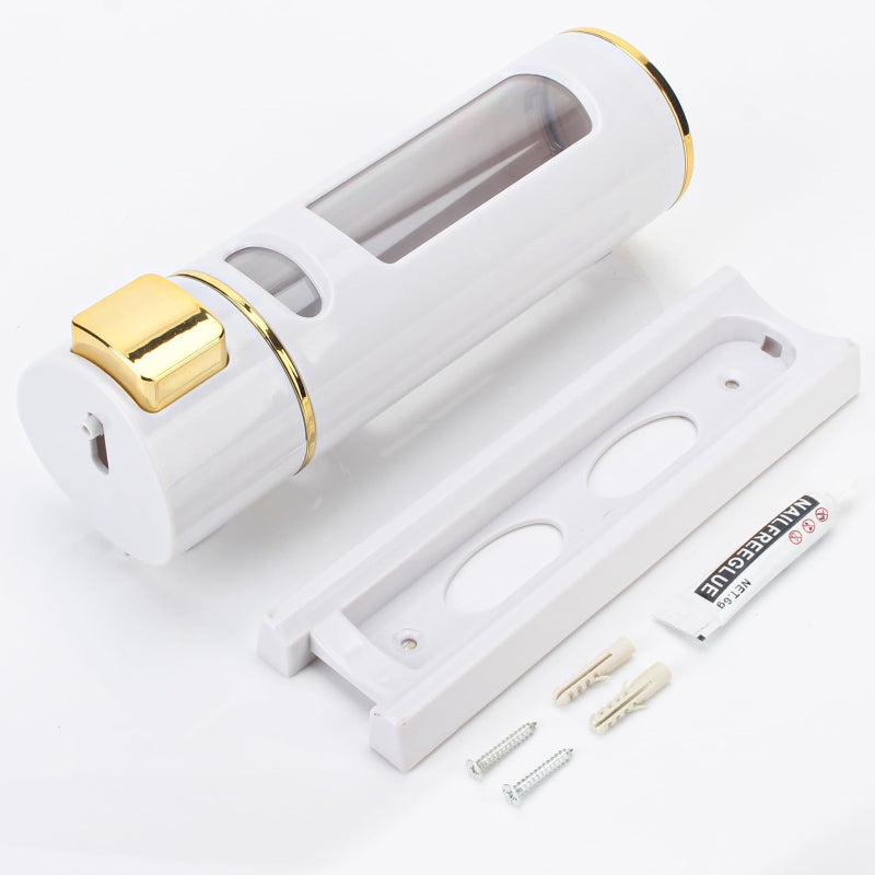 400ml Dispenser in White/Gold for Liquid Soap, Shampoo, Body Wash or Sanitizer | Made in ABS Plastic | Wall Mounted