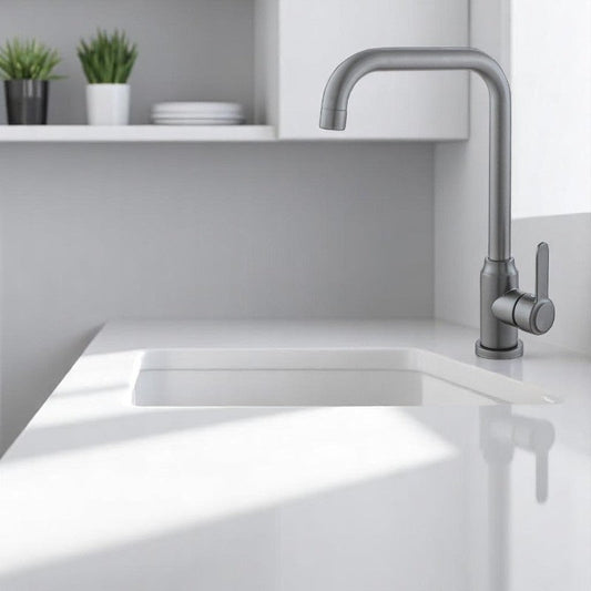 Bay Neck Kitchen Faucet Counter Top Gray in Stainless Steel | Hot and Cold Mixer | Easy to Install
