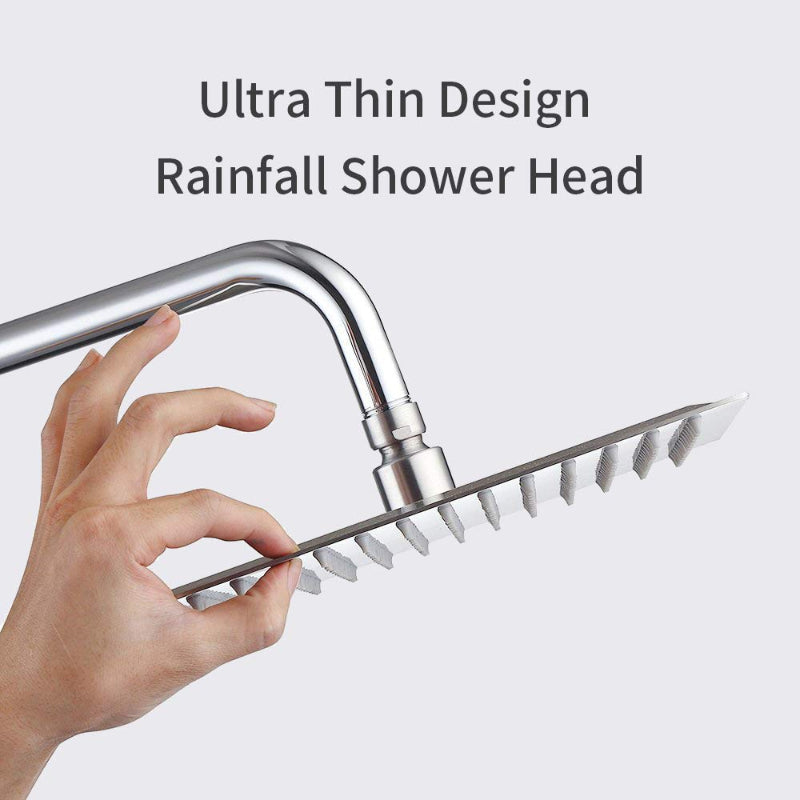 6" to 12" inches Slim Rainfall Shower in Stainless Steel Shiny Chrome | High Pressure | Silicon Nozzles