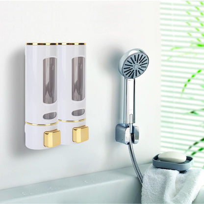 400ml Dispenser in White/Gold for Liquid Soap, Shampoo, Body Wash or Sanitizer | Made in ABS Plastic | Wall Mounted