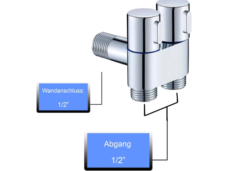 1 in 2 Out T-Cock Valve G1/2" inch Connection in Stainless Steel with Independent Outlet Control for Bathrooms or Wash Areas