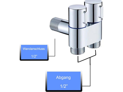 1 in 2 Out T-Cock Valve G1/2" inch Connection in Stainless Steel with Independent Outlet Control for Bathrooms or Wash Areas